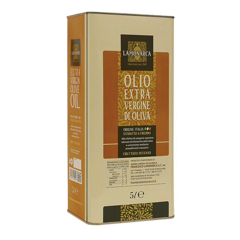 Olio Extra Vergine di Oliva 100% Italiano - Fruttato Intenso - Cultivar: Coratina - lattina 5 Lt.