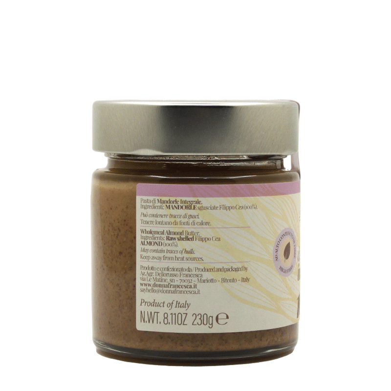 Pasta di Mandorle Integrale 100%  varietà " Filippo Cea " Vasetto in vetro - 230 gr.