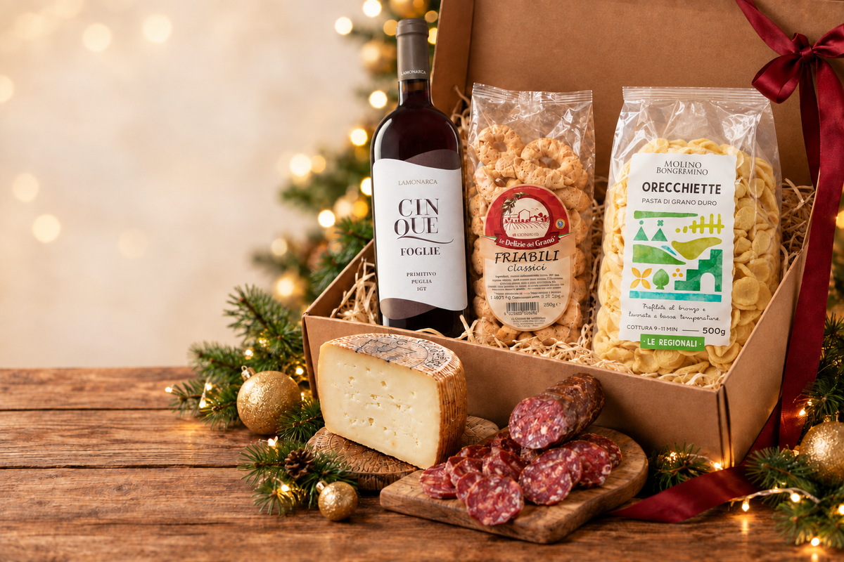 Banner natalizio con orecchiette Molino Bongermino e vino Cinquefoglie